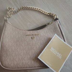 Michael Kors Blush Pebbled Leather Shoulder Bag with Gold Chain